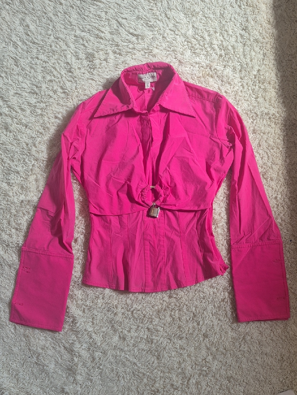 Y2K Karen Millen Corset Blouse 4 Hot Pink V-neck Shirt French Cuff Padlock Top